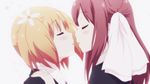  2girls animated animated_gif anime blonde_hair blush canon couple eyes_closed hair_ornament hairclip kiss long_hair multiple_girls pigtails pink_hair ribbon sakura_trick school_uniform short_hair simple_background skirt sonoda_yuu takayama_haruka uniform yuri 