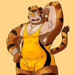  2017 5_fingers abs anthro armpit_hair biceps blush bulge chest_tuft clothing feline hand_behind_head male mammal muscular muscular_male nipples one_eye_closed open_mouth pecs shiba-kenta simple_background solo standing tiger tuft wrestling_singlet 