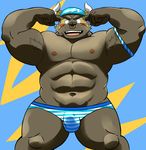  2017 5_fingers abs anthro armpit_hair asterios biceps blush bovine bulge cattle clothed clothing facial_piercing flexing hat horn male mammal muscular muscular_male navel nipples nose_piercing nose_ring open_mouth pecs piercing shiba-kenta skimpy solo sweat tokyo_afterschool_summoners tongue topless 