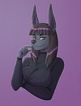  2018 anthro black_fur black_hair canine clothing conditional_dnp female fur green_eyes hair jackal kadath looking_at_viewer mammal nightshade_(kadath) nipple_bulge piercing portrait solo 