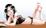  1girl ass barefoot black_hair blue_eyes butt_crack feet glasses head_rest long_hair looking_at_viewer lying on_stomach open_mouth soles strap_slip tablet toes 
