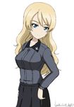  2018 alternate_costume alternate_hairstyle blonde_hair blue_eyes breasts bukkuri darjeeling dated girls_und_panzer hair_down hand_on_hip kuromorimine_school_uniform long_hair medium_breasts sketch smirk solo 