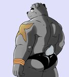  5_fingers anthro bear butt clothed clothing looking_back male mammal musclegut muscular muscular_male scar shiba-kenta simple_background skimpy smile solo standing underwear 