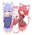  :d absurdres ahoge akaneko_(idaten93) animal_ears bangs bell blue_eyes blue_hoodie blue_skirt blush brown_hoodie cat_ears cat_girl cat_tail closed_mouth commentary_request cropped_legs eyebrows_visible_through_hair fang fingers_together fox_ears gradient_hair hair_between_eyes hair_ornament head_tilt heart highres hood hood_down hoodie hug idaten93 jingle_bell long_hair long_sleeves looking_at_viewer multicolored_hair multiple_girls one_eye_closed open_mouth orange_hair original pink_hair pleated_skirt purple_hair red_eyes red_hair red_skirt ruua_(idaten93) sidelocks simple_background skirt sleeves_past_wrists smile steepled_fingers tail tail_bell till_(idaten93) very_long_hair white_background x_hair_ornament 