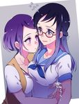  between_breasts blue_eyes blue_hair blush breasts dokidoki!_precure glasses grey_background hishikawa_rikka hug kenzaki_makoto long_hair looking_at_another medium_breasts multiple_girls negom precure purple_eyes purple_hair red-framed_eyewear short_hair short_sleeves yuri 