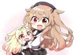  absurdres announcement_celebration black_ribbon black_serafuku blonde_hair commentary fang hair_flaps hair_ornament hair_ribbon hairclip heterochromia highres jako_(jakoo21) kantai_collection light_brown_hair long_hair looking_at_viewer multiple_girls murasame_(kantai_collection) neckerchief open_mouth red_eyes remodel_(kantai_collection) ribbon scarf school_uniform serafuku two_side_up yuudachi_(kantai_collection) 