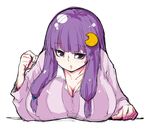  :o blush breast_rest breasts cleavage commentary_request hiro_(h-net) large_breasts long_hair looking_at_viewer lying pajamas patchouli_knowledge purple_eyes purple_hair solo touhou very_long_hair 