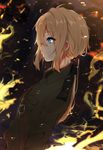  bangs black_ribbon blonde_hair blue_eyes closed_mouth eyebrows_visible_through_hair fire from_side hair_between_eyes hair_ribbon highres icehotmilktea long_hair long_sleeves looking_to_the_side low_ponytail military military_uniform profile ribbon sidelocks soldier solo standing uniform upper_body violet_evergarden violet_evergarden_(character) 
