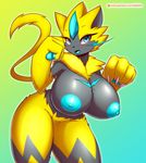  2018 anthro big_breasts blue_eyes blue_nipples blush breasts claws feline female fur looking_at_viewer mammal nintendo nipples nude open_mouth paws pok&eacute;mon pok&eacute;mon_(species) pussy smile solo tailzkim tongue video_games yellow_fur zeraora 