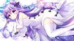  ahoge azur_lane bangs bare_shoulders black_bow black_ribbon blue_sky blush bow closed_mouth cloud cloudy_sky commentary_request detached_sleeves dress eyebrows_visible_through_hair fingernails hair_between_eyes hair_bun hair_ribbon long_hair long_sleeves looking_at_viewer lying minami_saki object_hug on_side one_side_up purple_eyes purple_hair ribbon side_bun sky solo stuffed_alicorn stuffed_animal stuffed_toy thighhighs unicorn_(azur_lane) very_long_hair white_dress white_legwear 
