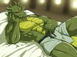  anthro bed clothing demon dragon forked_tongue hand_on_stomach jackie_chan_adventures loincloth lying male muscular muscular_male pose ryuukikeito scalie shendu solo tongue 