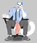  anthro balls barbed_penis big_balls big_penis boosterpang feline flaccid huge_balls huge_penis looking_at_viewer male mammal muscular muscular_male necktie open_mouth penis sitting smile solo unzipped 