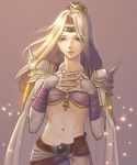  armor blonde_hair blue_eyes breasts bridal_gauntlets cape circlet commentary_request crown earrings final_fantasy final_fantasy_iv jewelry long_hair medium_breasts pauldrons ponytail rosa_farrell solo uboar 