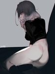  artist_name ass bangs black_legwear black_shirt blue_eyes closed_mouth eyebrows_visible_through_hair grey_background grey_hair highres kneehighs long_hair looking_at_viewer looking_back muted_color original pale_skin profile realmbw shirt signature simple_background sitting sleeves_past_elbows solo tsurime yokozuwari 