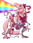  alpha_channel bow breath_weapon catbatart choker claws clothing dinosaur female feral fingerless_gloves gloves legwear looking_back magical_girl_outfit pink_body pink_scales pink_skin rainbow ribbons sailor_fuku sailor_moon_(series) scales scalie shirt simple_background skirt solo standing theropod thigh_highs transparent_background trex tyrannosaurus_rex yellow_eyes 