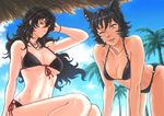  absurdres ahoge animal_ears bikini blue_sky breasts cat_ears commentary day drill_(emilio) highres huge_filesize kali_belladonna large_breasts mature multiple_girls one_eye_closed palm_tree raven_branwen rwby sky string_bikini string_panties swimsuit tree 