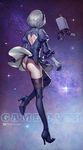 ass back_cutout black_dress black_hairband boots dress feather-trimmed_sleeves floating fogriver from_behind gloves hairband high_heels juliet_sleeves leotard leotard_under_clothes long_sleeves nier_(series) nier_automata pod_(nier_automata) puffy_sleeves revision robot short_hair silver_hair star_(sky) thighhighs thighhighs_under_boots turtleneck white_leotard yorha_no._2_type_b 
