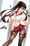  ass_visible_through_thighs belt black_legwear blurry blurry_background breasts brown_hair cameltoe cleavage commentary_request covered_nipples damao_yu dual_wielding feet_out_of_frame gun hair_between_eyes handgun highres holding holding_gun holding_weapon holster large_breasts legs_apart long_hair looking_at_viewer md5_mismatch navel neckerchief no_bra open_mouth original panties panties_under_pantyhose pantyhose pistol ponytail red_neckwear school_uniform serafuku shirt short_sleeves skin_tight skirt solo stomach thigh_holster torn_clothes torn_legwear torn_shirt torn_skirt trigger_discipline underboob underwear v-shaped_eyebrows very_long_hair weapon white_panties 
