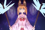  animal_ear_fluff animal_ears blonde_hair blue_eyes blush closed_mouth dual_wielding eyebrows_visible_through_hair fireworks food fox_ears hair_ornament hairclip holding ibuki_notsu kemomimi_oukoku_kokuei_housou looking_at_viewer mikoko_(kemomimi_oukoku_kokuei_housou) navel night night_sky outdoors pocky red_skirt short_hair skirt sky smile solo speech_bubble star_(sky) starry_sky translation_request virtual_youtuber 