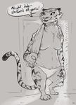 anthro bow breasts camel_toe cheek_tuft chest_tuft clothed clothing dialogue english_text feline female inside mammal monochrome nipples nobby_(artist) panties partially_clothed solo standing stripes sydney_(nobby) text tiger topless towel tuft underwear 