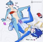  2018 anthro blue_hair blush breasts canine clitoris duo english_text feline female female/female hair hi_res krystal lying mammal nintendo nipples open_mouth penetration pussy pussy_juice sex_toy skylar_(skylar_and_plux) skylar_and_plux spread_legs spreading star_fox stripes text tongue tongue_out vaginal vaginal_penetration video_games whisperfoot 