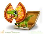  2017 ambiguous_gender angry black_eyes box cheese claws cryptid-creations dilophosaurus dinosaur english_text feral food food_creature fruit green_scales humor hybrid open_mouth pepperoni pineapple pizza pizza_box scales simple_background solo teeth text theropod tongue tongue_out white_background yellow_scales 