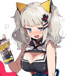  bangs bare_shoulders blush breasts cleavage cleavage_cutout commentary_request drunk hair_ornament hairclip kaguya_luna kaguya_luna_(character) large_breasts open_mouth silver_hair sleeveless solo strong_zero twintails upper_body uzubilla virtual_youtuber 