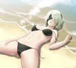  beach bikini bra cameltoe deep_rising hairband lying navel nier_(series) nier_automata open_mouth panties short_hair water white_hair yorha_no._2_type_b 