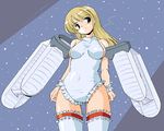 aircraft airplane bare_shoulders biplane blonde_hair blue_eyes blush clenched_hands covered_navel cowboy_shot frills frown garters head_tilt i-153_(personification) leotard long_hair mecha_musume military nanashi_(7th_exp) original personification red_garter solo sparkle standing thighhighs white_leotard wings wrist_cuffs 