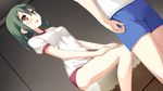  bloomers blush brown_eyes dutch_angle enomoto_kaho game_cg green_hair gym_storeroom gym_uniform hair_ornament hairclip highres kantoku knees_together_feet_apart looking_at_another non-web_source parted_lips short_sleeves solo_focus underwear your_diary 