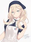  alternate_costume artist_name blonde_hair blue_eyes dated french_flag grey_background kantai_collection long_hair mole mole_under_eye mole_under_mouth richelieu_(kantai_collection) rokuwata_tomoe short_sleeves simple_background solo twitter_username 