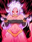  alternate_form android_21 aura bare_shoulders black_background black_nails black_sclera breasts cleavage commentary_request covered_nipples dragon_ball dragon_ball_fighterz earrings evil_smile glowing glowing_eyes hoop_earrings jewelry large_breasts lavender_hair majin_android_21 monster_girl nail_polish navel pink_skin pointy_ears red_eyes rickert_kai smile solo stomach tail 