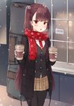  bad_id bad_pixiv_id bangs black_coat black_legwear blazer blunt_bangs blush breath brown_hair brown_skirt buckle canape_(canape0130) coat coffee_cup commentary cup disposable_cup drink eyebrows_visible_through_hair girls_frontline giving gloves hair_ornament hair_ribbon highres holding holding_cup jacket long_hair long_sleeves looking_at_viewer necktie one_side_up open_clothes open_coat open_mouth open_sign outdoors pantyhose pinky_out plaid plaid_skirt pleated_skirt purple_hair red_eyes red_neckwear red_scarf ribbon scarf skirt snow snow_on_head snowflake_hair_ornament snowflake_print snowing solo sparkle standing sweatdrop tsurime very_long_hair wa2000_(girls_frontline) weapon_bag white_gloves window 