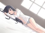  asashio_(kantai_collection) bad_id bad_pixiv_id black_hair blue_eyes cameltoe cnm collarbone grey_panties kantai_collection long_hair long_sleeves looking_at_viewer lying navel on_side open_clothes open_mouth open_shirt panties shirt solo underwear 