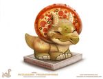  2017 ambiguous_gender box cheese cryptid-creations dinosaur english_text eyes_closed feral food food_creature horn humor hybrid pepperoni pizza pizza_box simple_background solo text triceratops white_background 