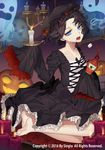  bad_id bad_pixiv_id black_dress black_hair blue_eyes bottle candle carchet copyright_name dress ghost gothic_lolita halloween ketchup ketchup_bottle lolita_fashion looking_at_viewer official_art open_mouth pumpkin seiza short_hair sid_story sitting 