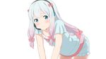  aqua_eyes eromanga-sensei fukuri gray_hair headphones izumi_sagiri loli long_hair microphone ribbons white 