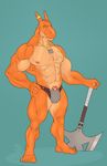  2016 5_fingers anthro axe clothed clothing dragon kazushifluff male melee_weapon muscular nipples plantigrade scalie scar smile solo standing topless weapon yellow_eyes 