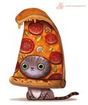  2015 ambiguous_gender black_fur cat cheese cryptid-creations feline feral food fur green_eyes grey_fur humor mammal mushroom pepper_(food) pepperoni pizza simple_background solo white_background white_fur 