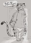 anthro bow camel_toe cheek_tuft chest_tuft clothed clothing dialogue english_text feline female inside mammal monochrome nobby_(artist) panties partially_clothed solo standing stripes sydney_(nobby) text tiger topless towel tuft underwear 