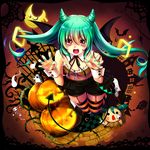  absurdres alternate_eye_color aqua_hair aqua_nails bangs bare_arms bare_shoulders black_border black_shorts border chibi claw_pose crescent_moon cross-laced_footwear demon_girl demon_horns demon_wings eyebrows_visible_through_hair fingernails frilled_shorts frills ghost hachune_miku hair_ornament halloween halloween_costume hands_up hatsune_miku highres hitodama horns jack-o'-lantern knees_together_feet_apart long_fingernails long_hair maronie. moon nail_polish open_mouth red_eyes sharp_fingernails shoes short_shorts shorts skeleton sneakers spring_onion striped striped_legwear thighhighs twintails very_long_hair vocaloid wings wrist_cuffs zipper_pull_tab 
