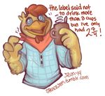  ! 2014 4_fingers anthro avian beak bird chicken clothed clothing cup dialogue digital_drawing_(artwork) digital_media_(artwork) english_text feathers flir gus_(flir) humor male neckerchief quaggy shirt simple_background solo spiral_eyes text white_background yellow_feathers 