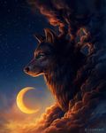  ambiguous_gender blue_eyes canine cloud crescent_moon detailed_background feral fur grey_fur jojoesart mammal moon night outside portrait red_fur side_view sky solo star starry_sky surreal wolf 