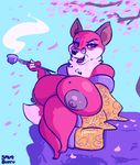  2017 anthro areola beauty_mark big_areola big_breasts breasts canine clothed clothing crossed_legs digital_media_(artwork) eyeshadow eyewear female fully_clothed glasses holding_object huge_breasts kung_fu_panda looking_at_viewer makeup mammal mature_female mei_ling_(fox) open_mouth open_robe open_smile outside peach_tree raised_arm raised_eyebrow robe sharp_teeth short_stack sitting smile smoking smoking_pipe smutbooru solo teeth tree 