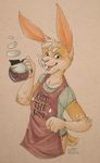  2013 anthro apron barista beverage clothed clothing coffee english_text flir flir_(rabbit) fur lagomorph liquid looking_at_viewer male mammal multicolored_fur open_mouth quaggy rabbit simple_background smile solo tan_background tan_fur teeth text tongue traditional_media_(artwork) two_tone_fur white_fur 