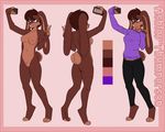  anthro ashley_thumperson barely_visible_genitalia breasts brown_fur brown_hair buckteeth butt cellphone clothed clothing ears_down female fur hair jewelry lagomorph legwear mammal middle_finger model_sheet navel necklace nipples nude phone purple_eyes pussy rabbit scarlet-frost selfie short_hair solo sweater teeth tights v_sign 
