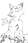  &lt;3 2018 anthro black_and_white canine cheek_tuft clothed clothing dialogue disney english_text fox half-closed_eyes hi_res leaning leaning_back looking_at_viewer male mammal monochrome navel nick_wilde open_pants simple_background solo suggestive text thewyvernsweaver topless tuft white_background zootopia 