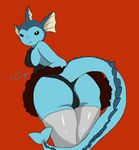  2018 anthro bent_over big_butt breasts butt butt_focus clothed clothing cosmicscourge eeveelution female hi_res legwear looking_at_viewer looking_back nintendo panties pok&eacute;mon pok&eacute;mon_(species) red_background simple_background smile solo thick_thighs tutu underwear vaporeon video_games 