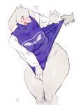  2018 ambiguous_gender annoying_dog_(undertale) anthro bebebebebe big_breasts blush boss_monster breasts canine caprine clothed clothing clothing_lift dog duo female goat horn long_ears mammal robe simple_background toriel undertale video_games white_background 