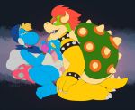  2018 anal animal_humanoid anthro anus balls blush bowser butt clothing cybertuna digital_media_(artwork) hair horn humanoid humanoid_penis invalid_color koopa male male/male mario_bros nintendo open_mouth penis reptile scalie sex simple_background spikes tongue video_games yoshi 